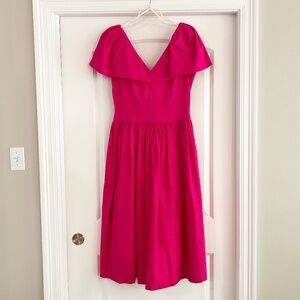 Vintage Misty Lane Swing Dress Tea Length Midi Hot Pink Fuchsia Jacquard Wide V